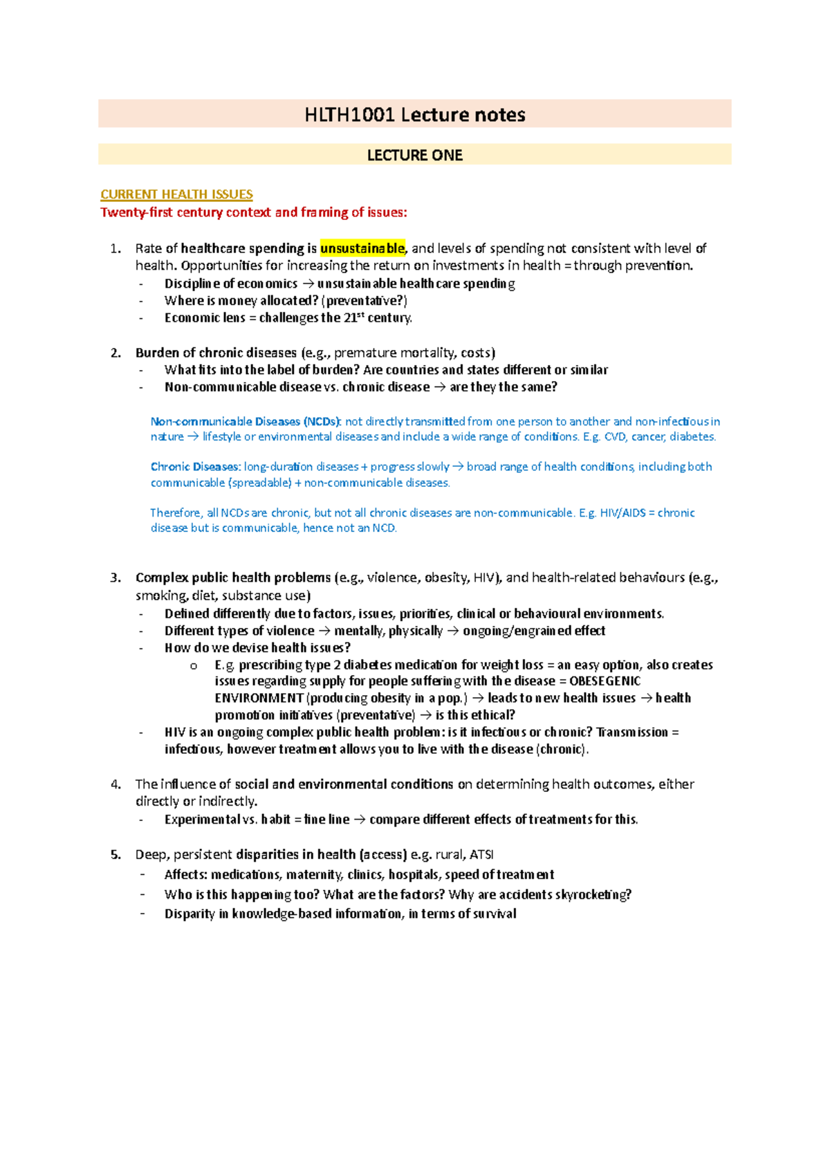 HLTH1001 Lecture notes - HLTH1001 Lecture notes LECTURE ONE CURRENT ...