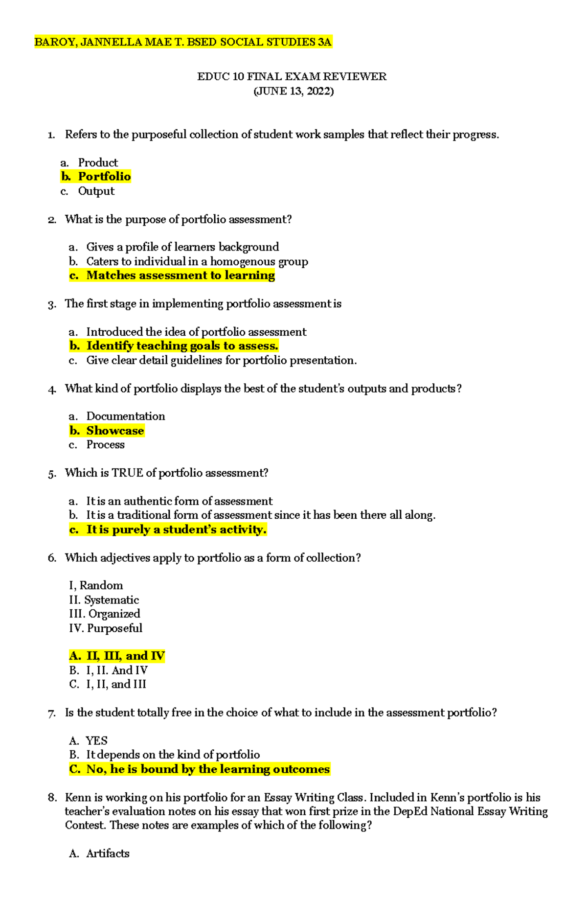 EDUC 10 FINAL EXAM REVIEWER - Portfolio Assessment Focus - Studocu