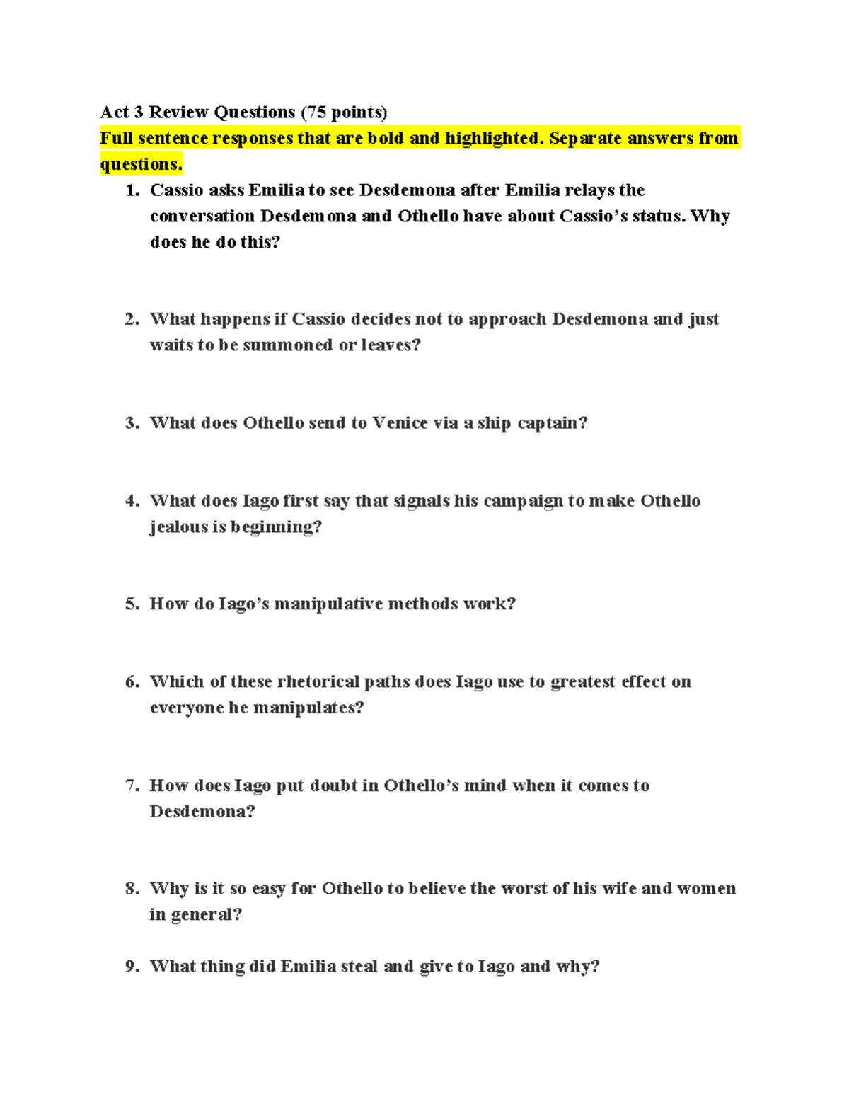 Act 3 Review Questions for Othello (75 Points) - Key Themes Explored ...