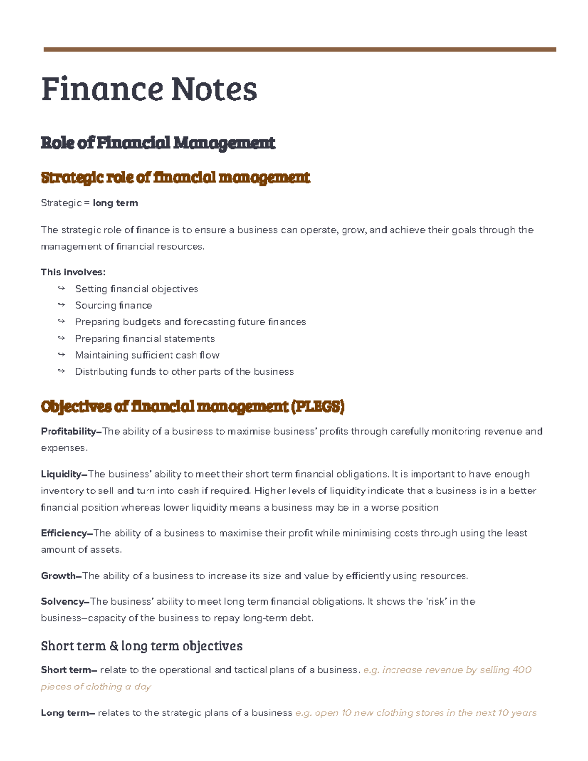 Finance (BUS101) Notes: Strategic Role of Financial Management - Studocu
