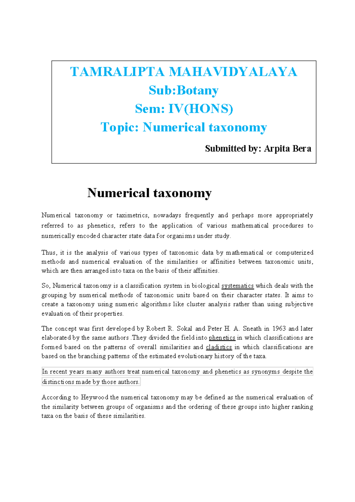 Numerical Taxonomy in Botany: SEM 4 HONS Study Notes - Studocu