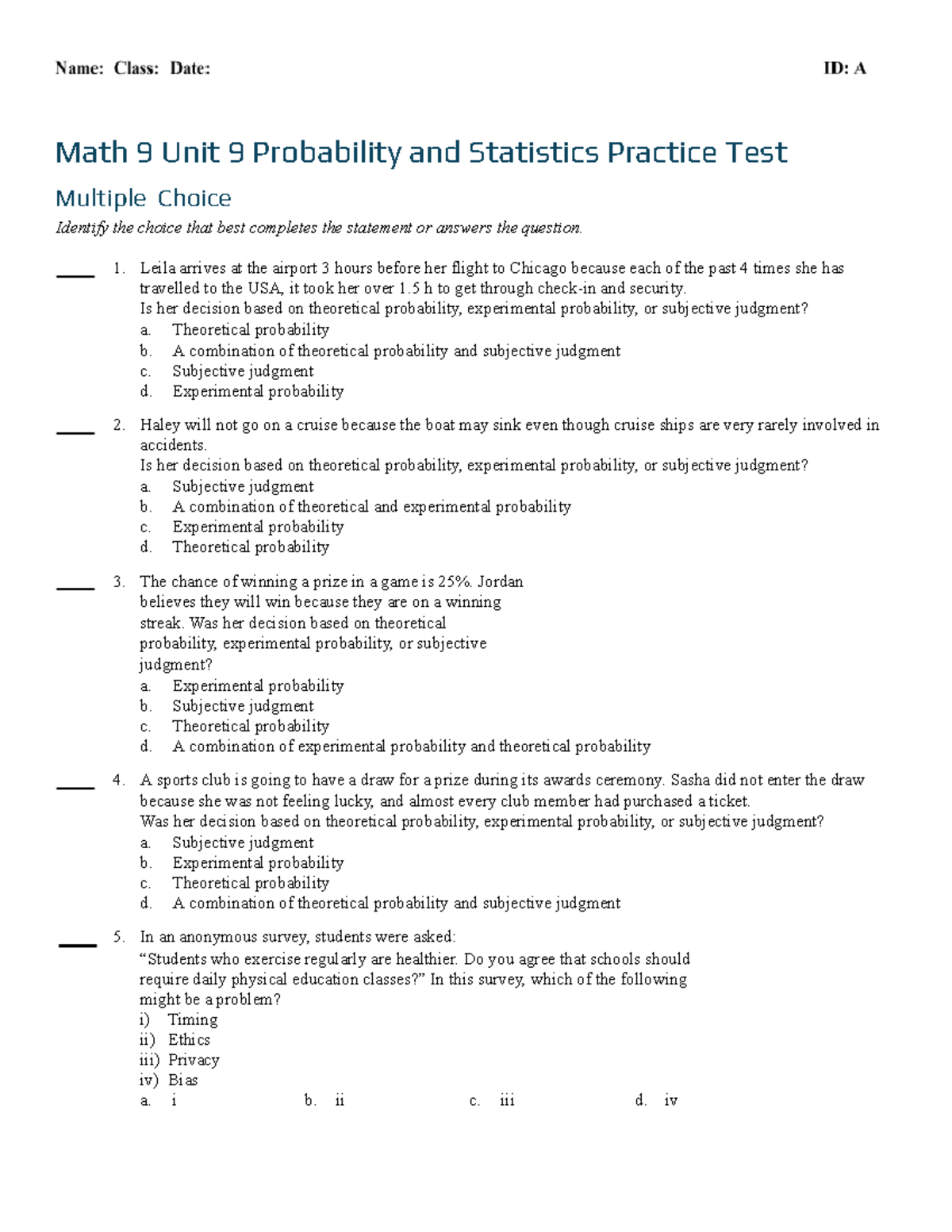 Math 9 Unit 9 Probability & Statistics Practice Test Questions - Studocu