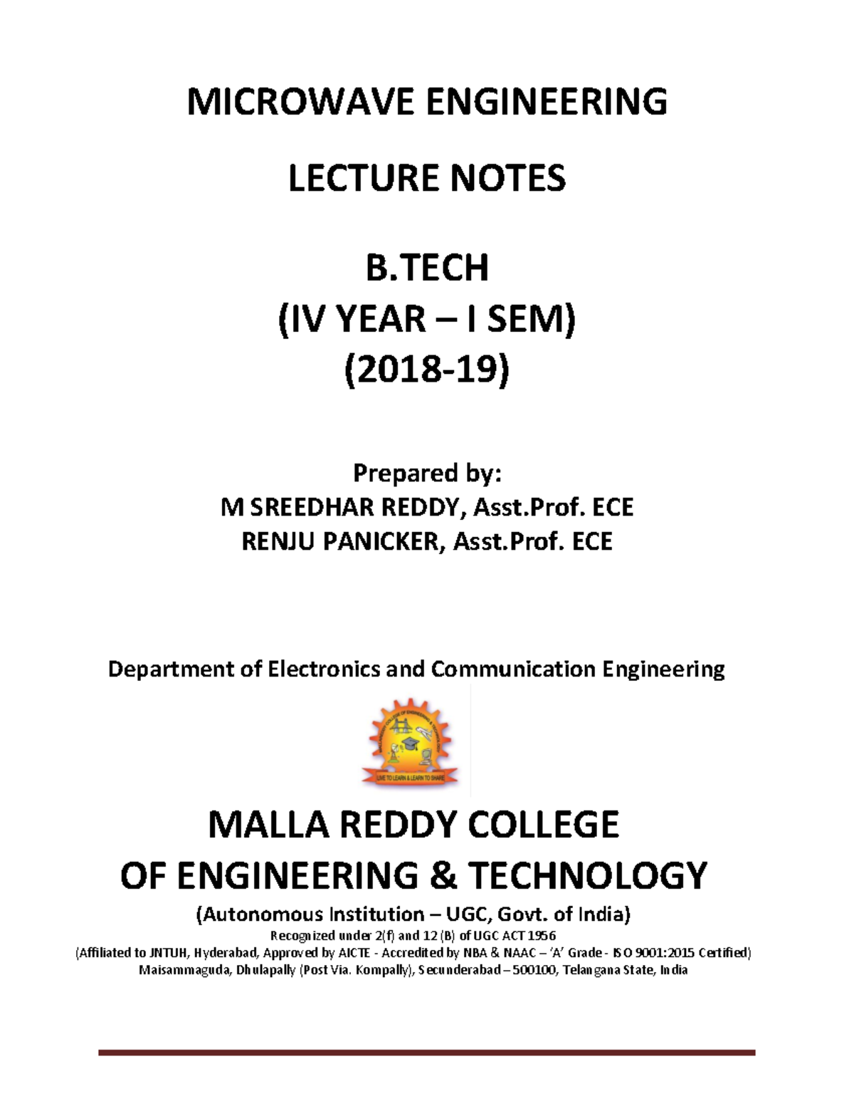 Microwave Engineering Lecture Notes - B.Tech IV Year I Sem (2018-19 ...