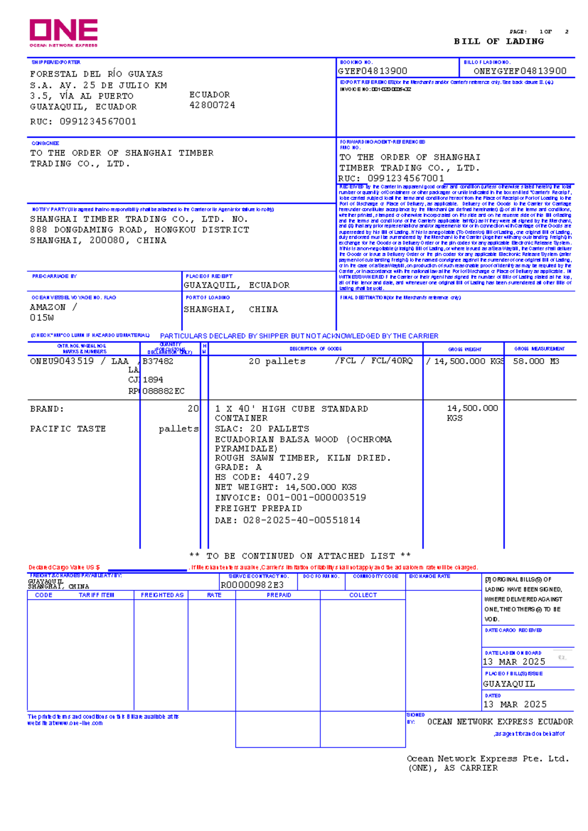 Bill of Lading - Booking No. ECUADOR 42800724 - Ocean Network Express ...