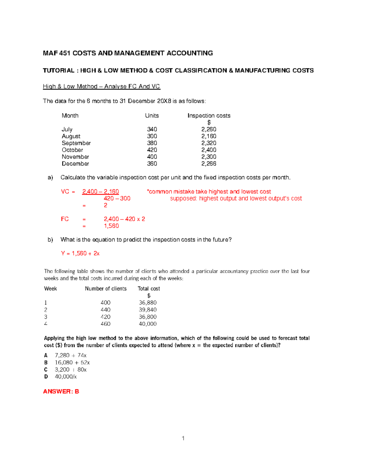 MAF 451 TUTORIAL: HIGH-LOW METHOD & COST CLASSIFICATION - Studocu