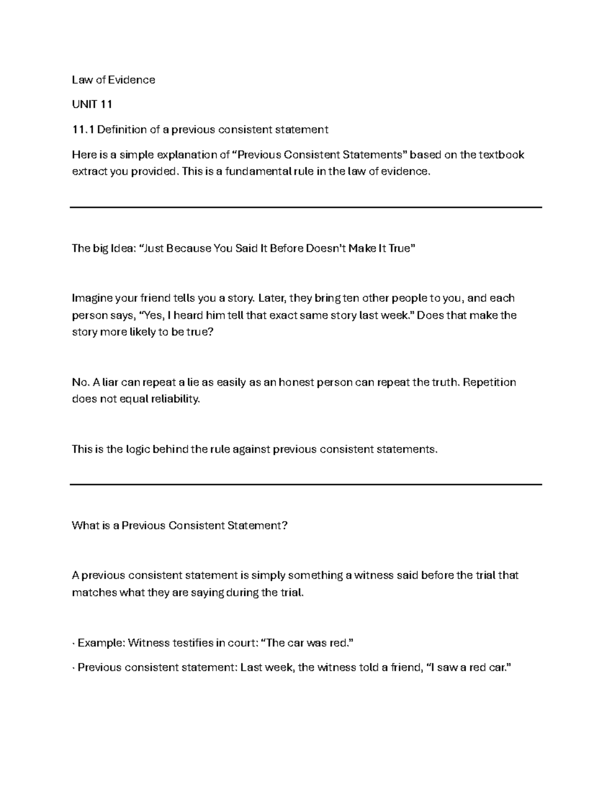 Law of Evidence (LAW101) Unit 11: Previous Consistent Statements ...