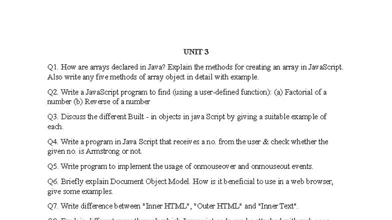 Assingment Unit-3 - UNIT 3 Q1. How are arrays declared in Java? Explain ...