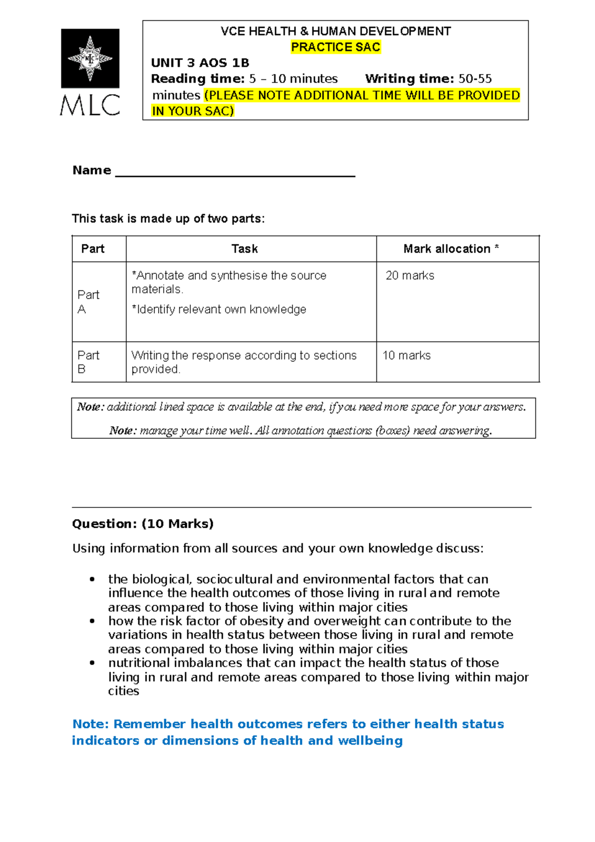 VCE HEALTH HUMAN DEVELOPMENT PRACTICE SAC UNIT 3 AOS 1B: Rural vs ...