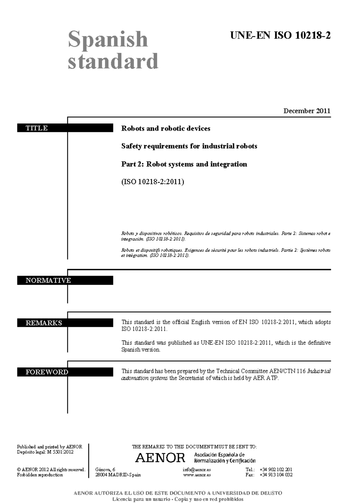 UNE-EN ISO 10218-2:2011 Safety Requirements for Industrial Robots - Studocu