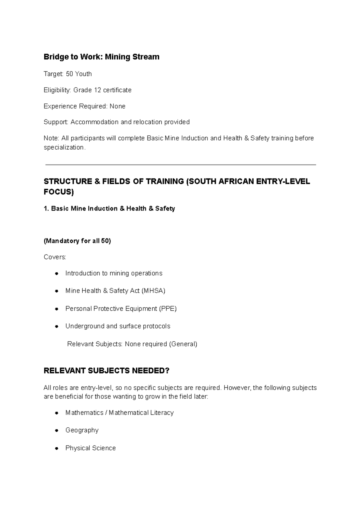 Mining Program Phase 1: Bridge to Work for 50 Youth (Grade 12) - Studocu