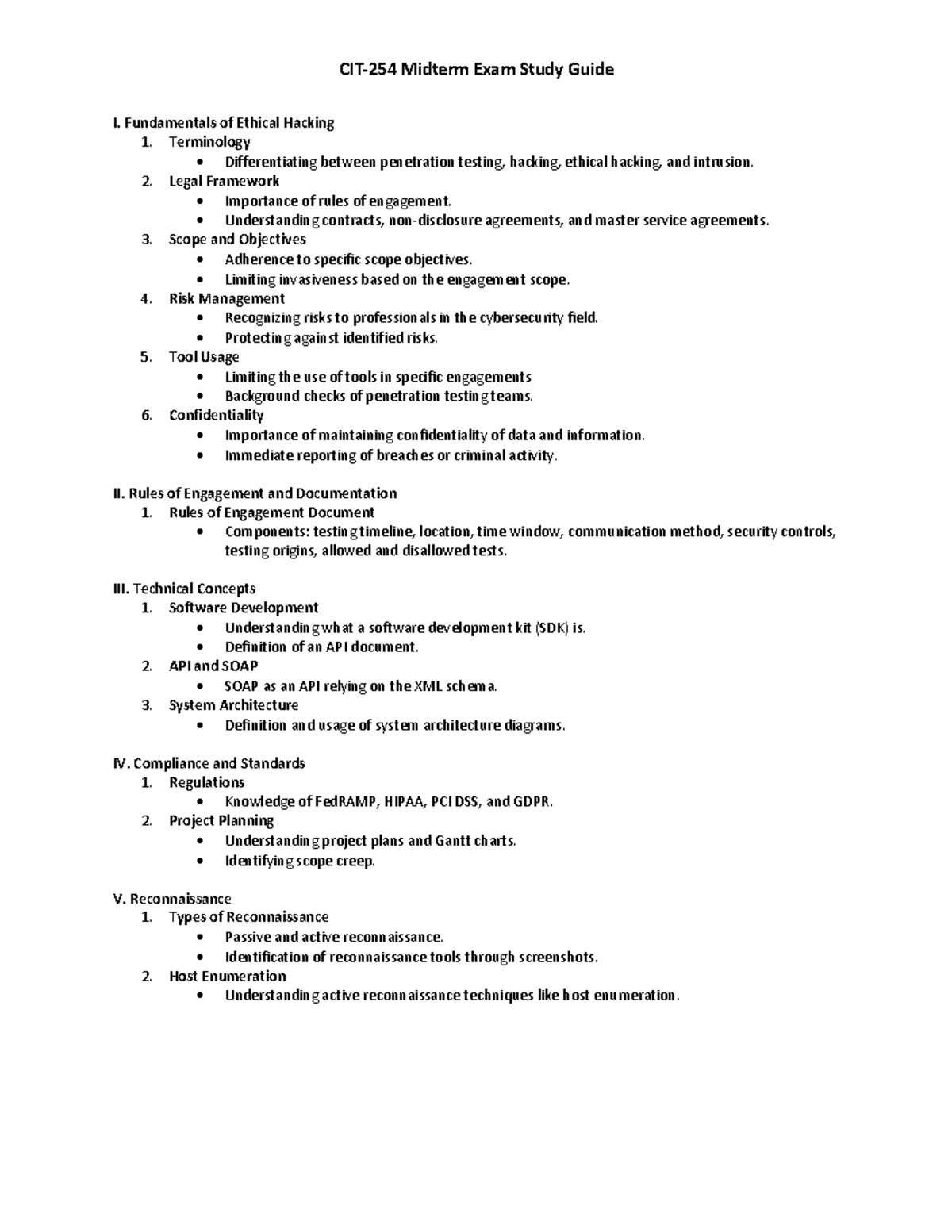 CIT-254 Midterm Exam Study Guide: Ethical Hacking & Security Principles ...