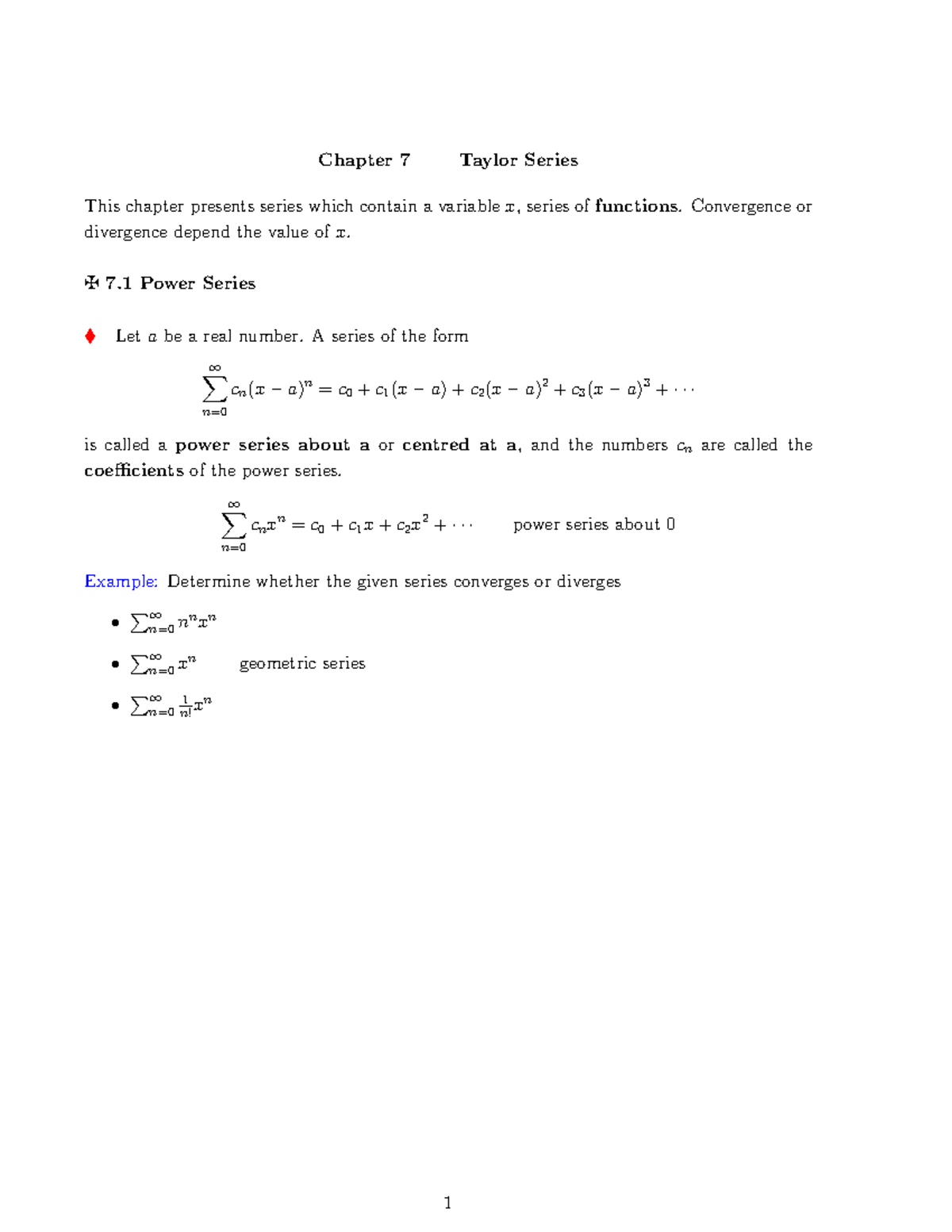 MATH 1005 Lecture Notes: Chapter 7 - Taylor Series and Convergence ...