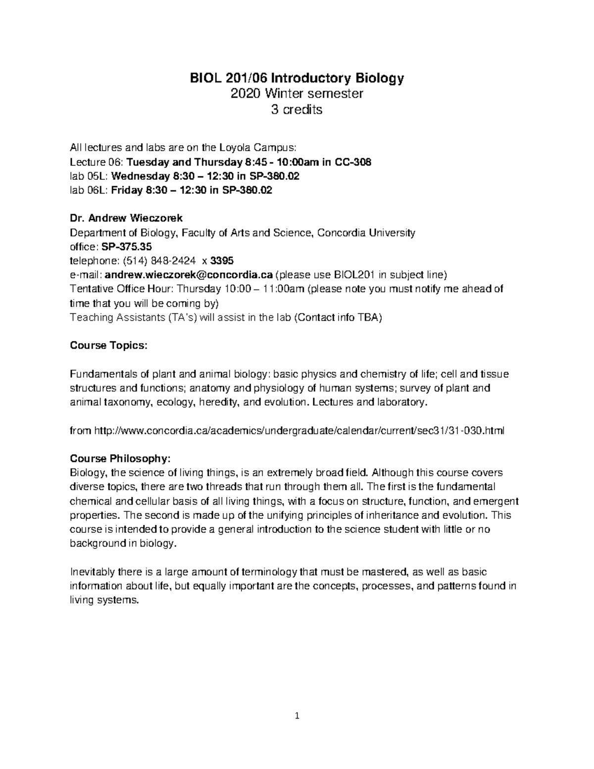 2020 Winter BIOL 201 Introductory Biology Course Outline - Studocu