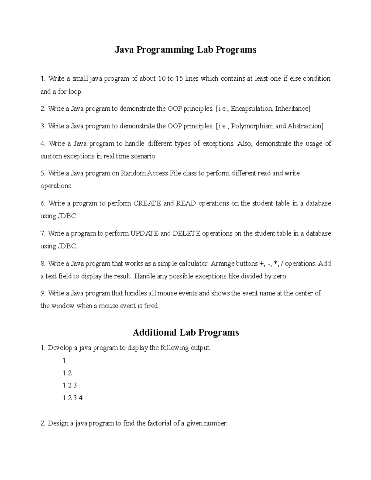 Java Programming Lab Programs: Practical Applications & Examples - Studocu