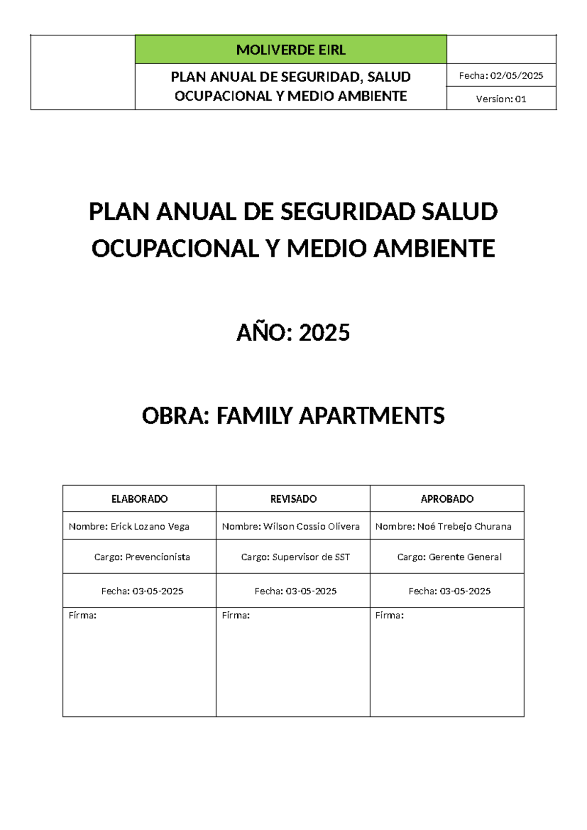MOLIVERDE EIRL PLAN ANUAL DE SEGURIDAD Y SALUD OCUPACIONAL 2025 - Studocu