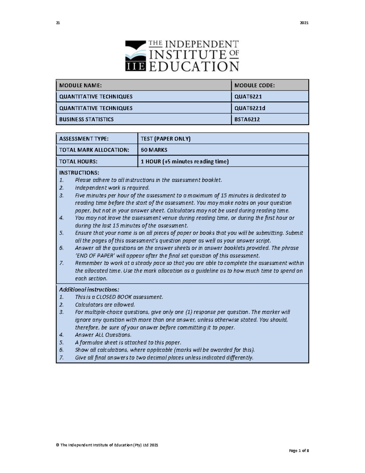 QUAT6221T1a - Business Statistics Test Notes and Guidelines - Studocu