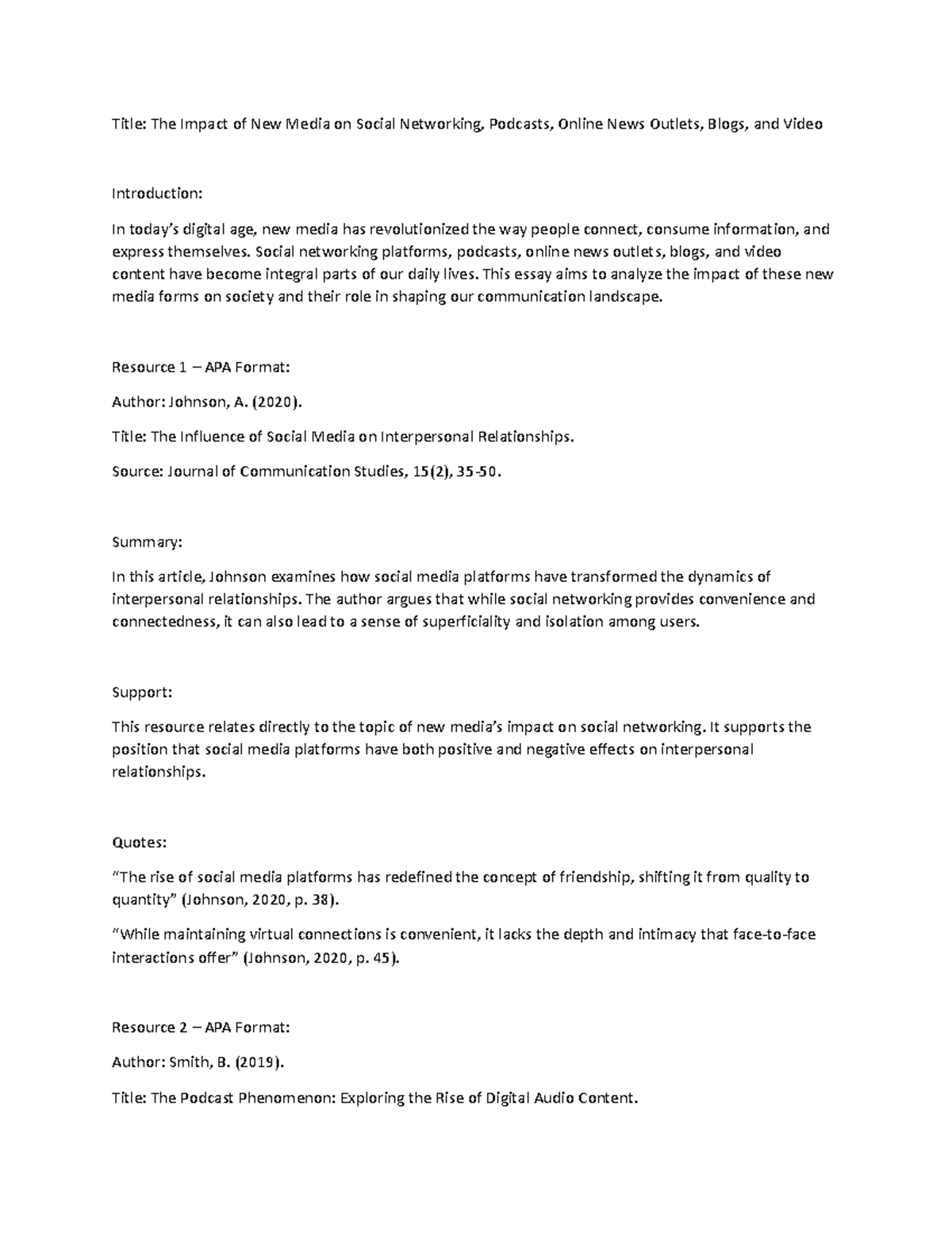 Analysisworksheetreference - Title: The Impact of New Media on Social ...