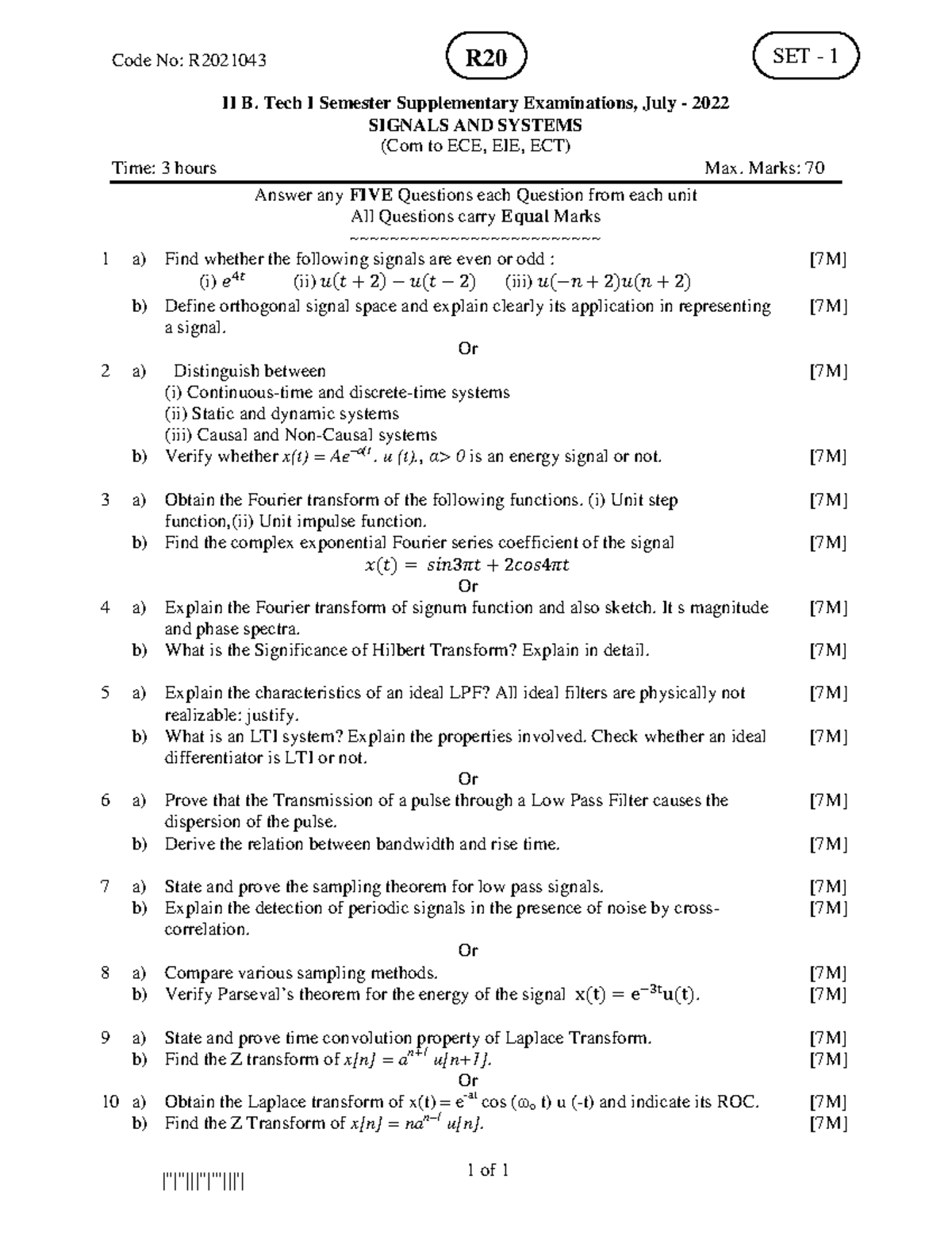 R2021043 Signals and Systems II B. Tech I Sem Supplementary Exam July ...