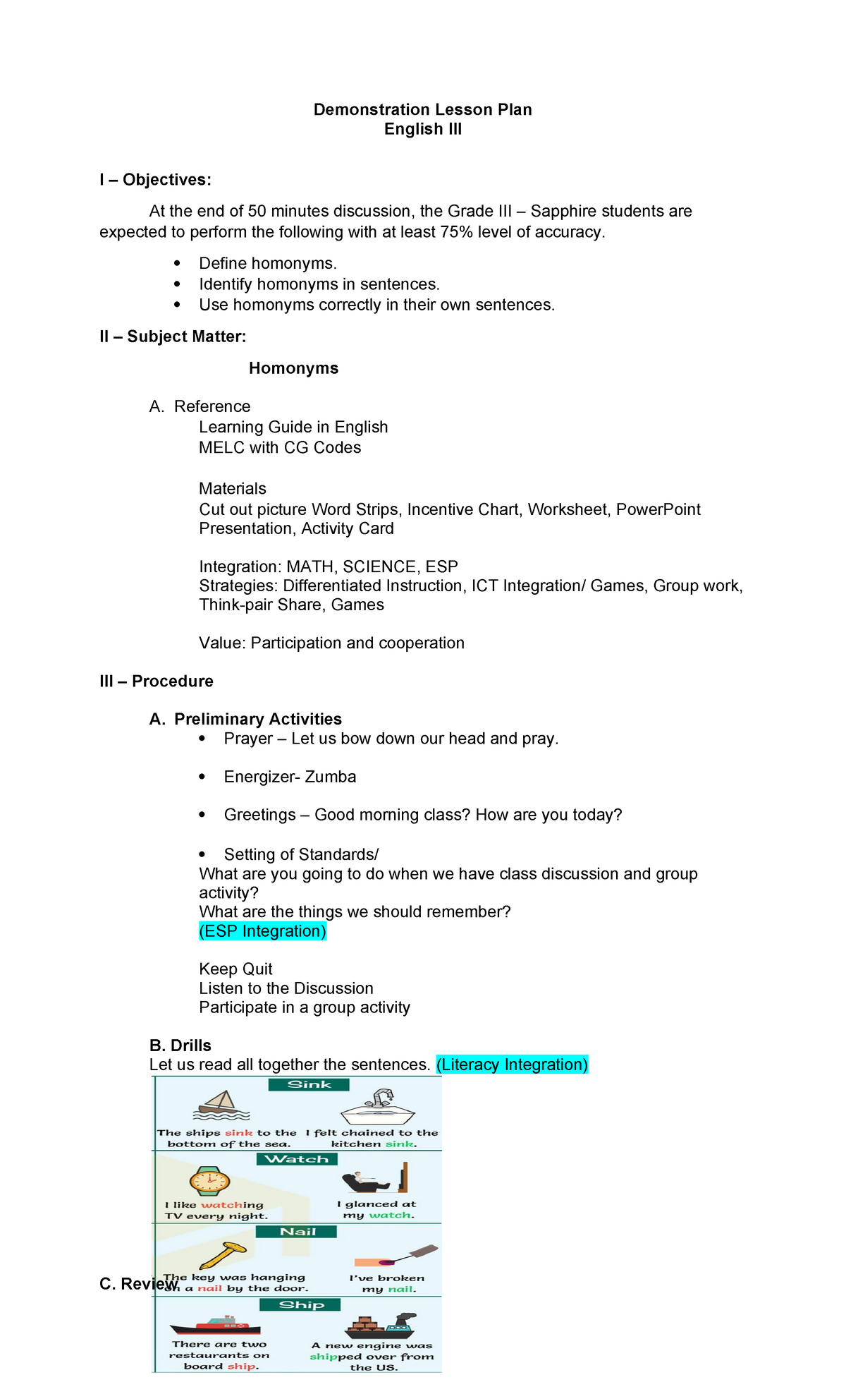 Demon Lesson Plan 1st Fri - Demonstration Lesson Plan English III I ...