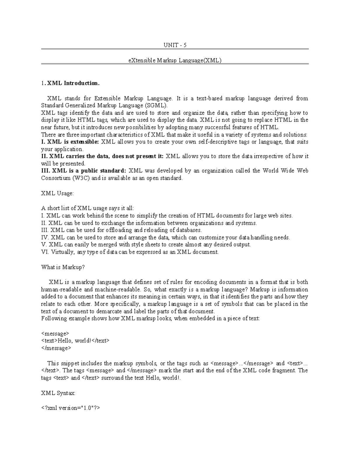 UNIT5 html - UNIT - 5 eXtensible Markup Language(XML) XML Introduction ...