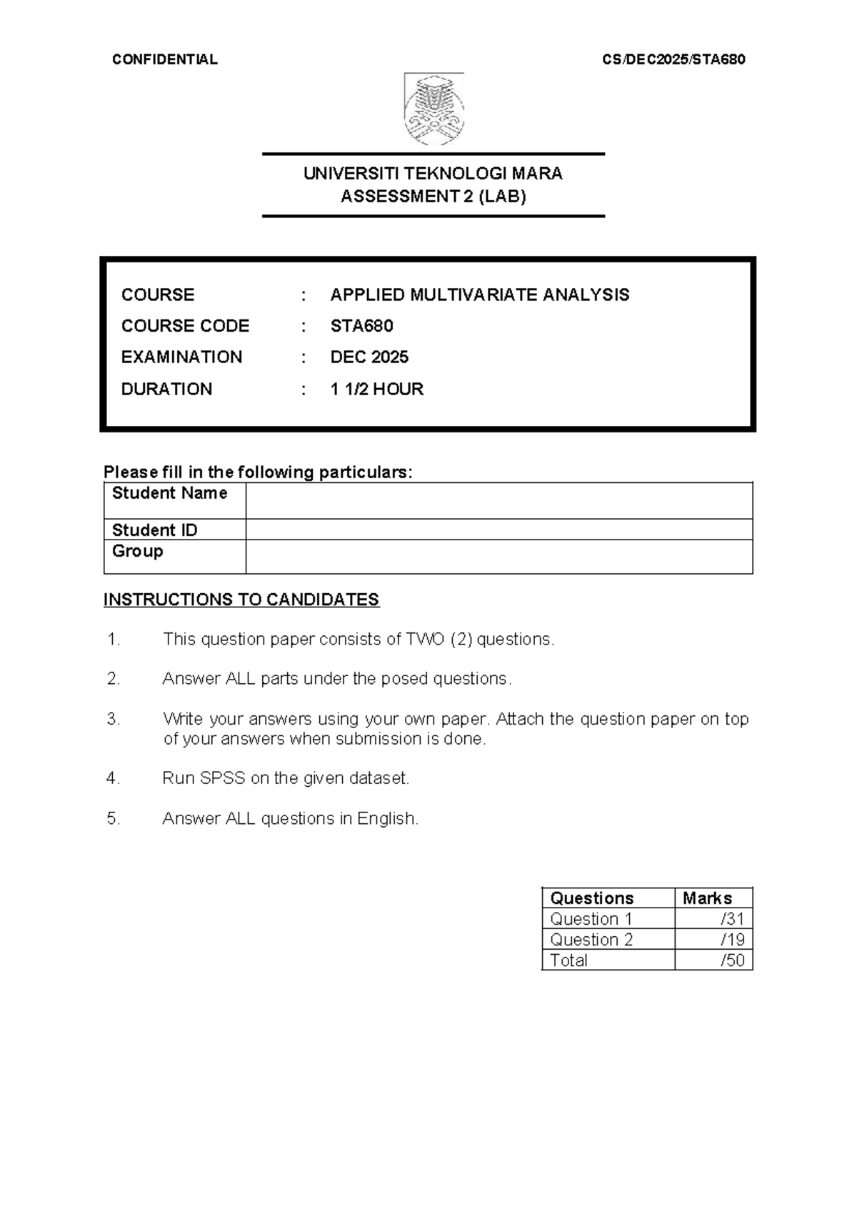 Lab Assessment STA680: Multivariate Analysis Exam Dec 2025 - Studocu