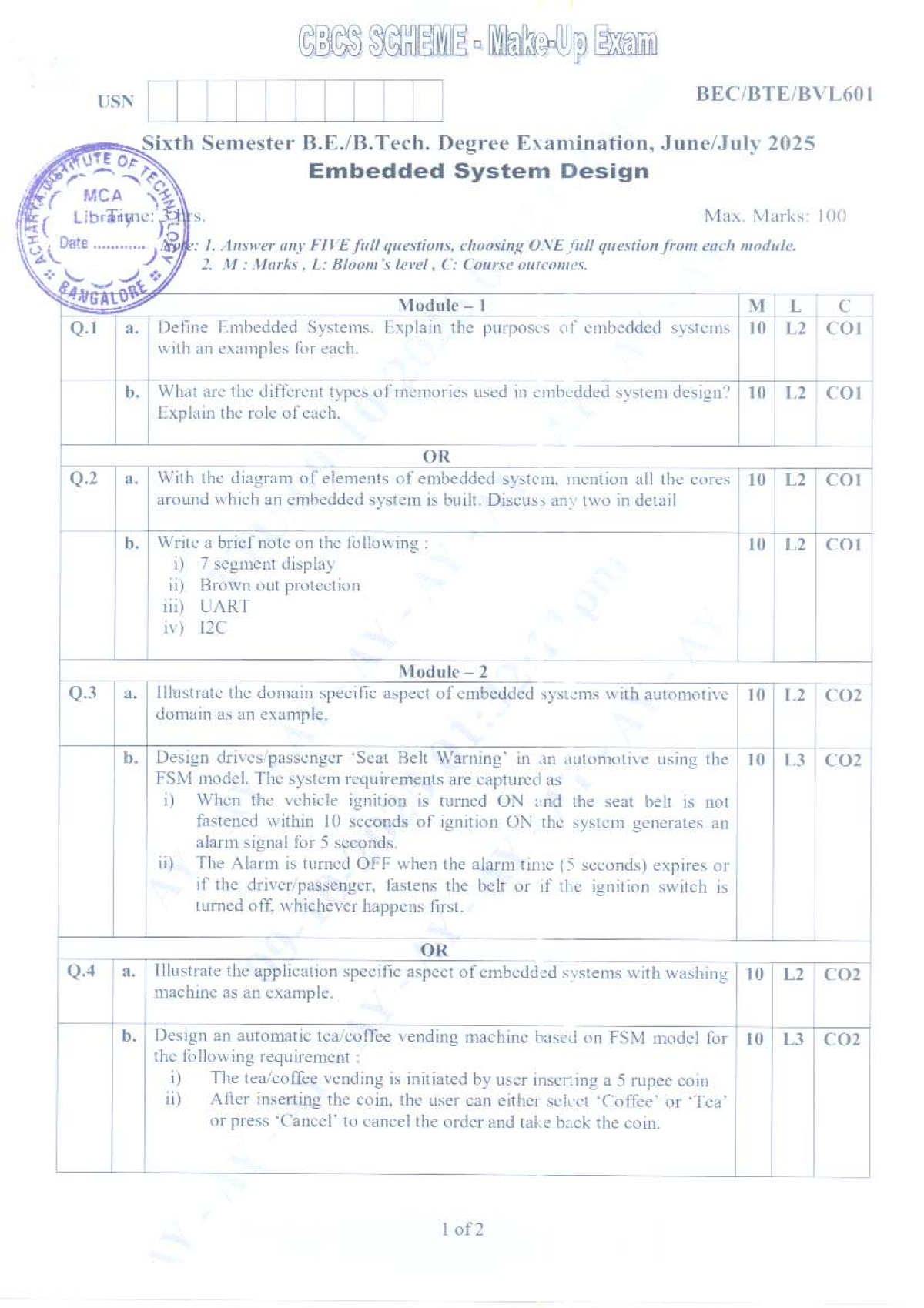 BEC601 Embedded System Design Exam Questions - June/July 2025 - Studocu