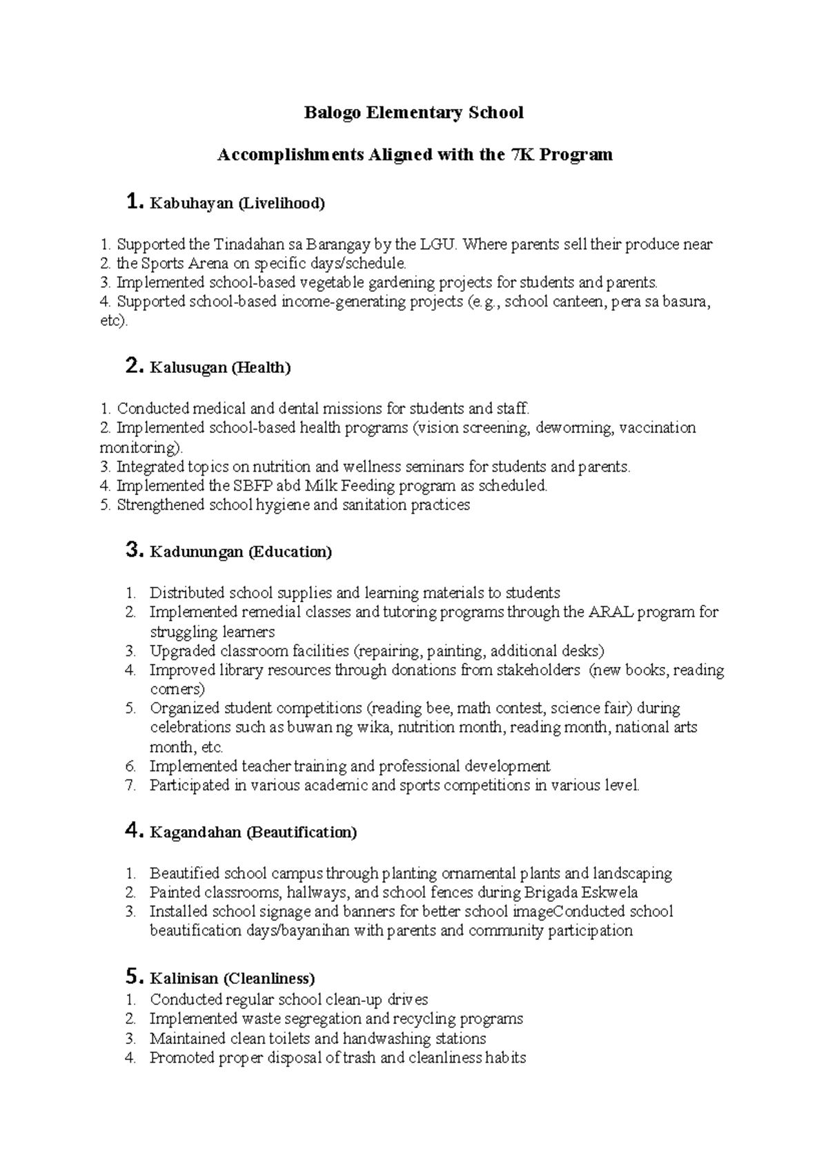 7K Program: Balogo Elementary School Accomplishments Overview - Studocu