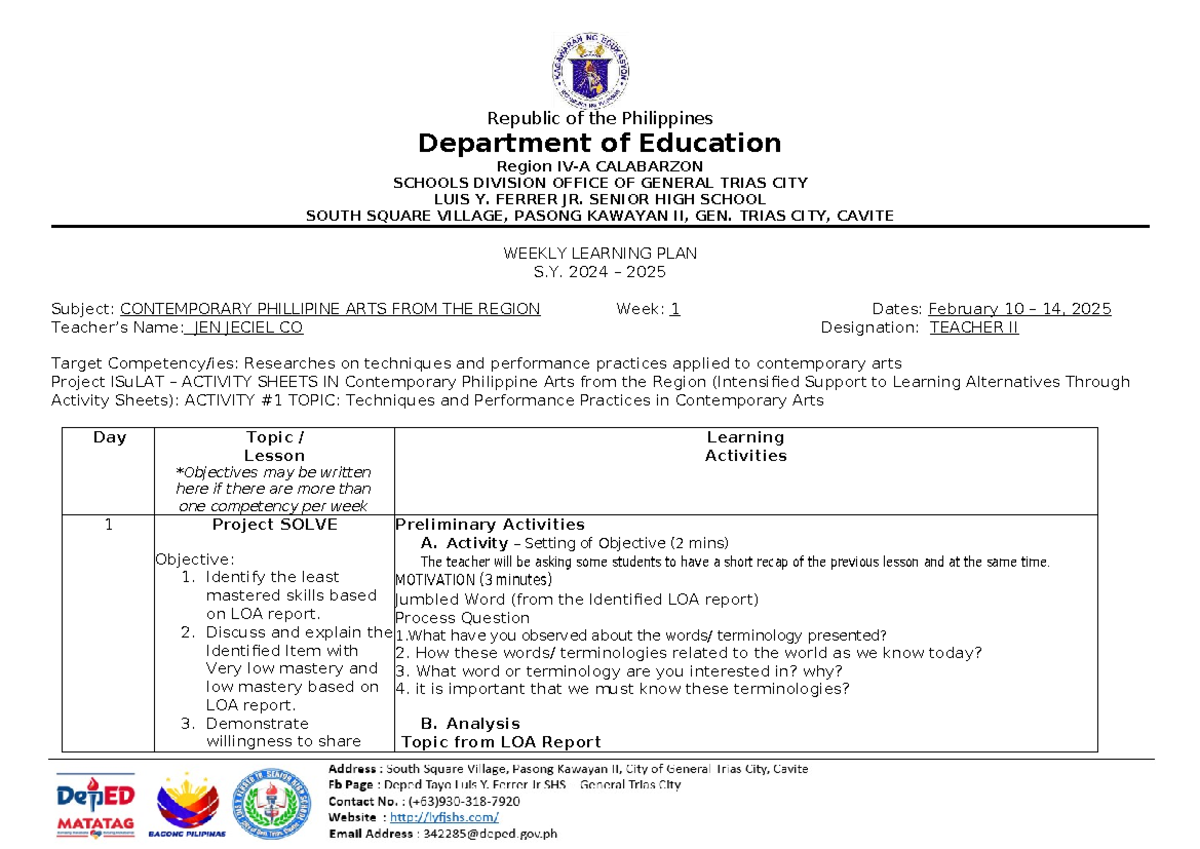 WEEK 1- WLP-Q2- CPAR CO - Quarter 2 Weekly Learning Plan Week 1 CPAR ...