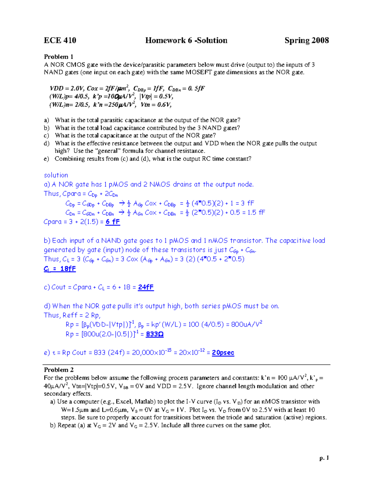 ECE 410 Spring 2008 Homework 6 Solutions: CMOS Circuits Analysis - Studocu