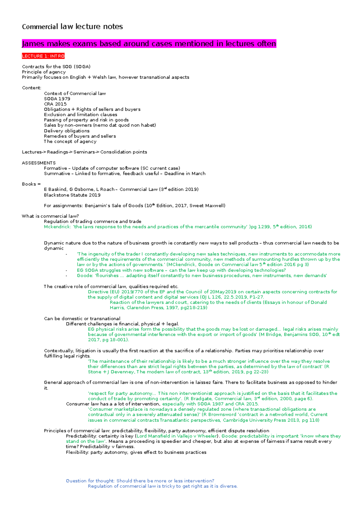 Commercial Law Lecture Notes: Key Insights from SOGA and CRA 2015 - Studocu