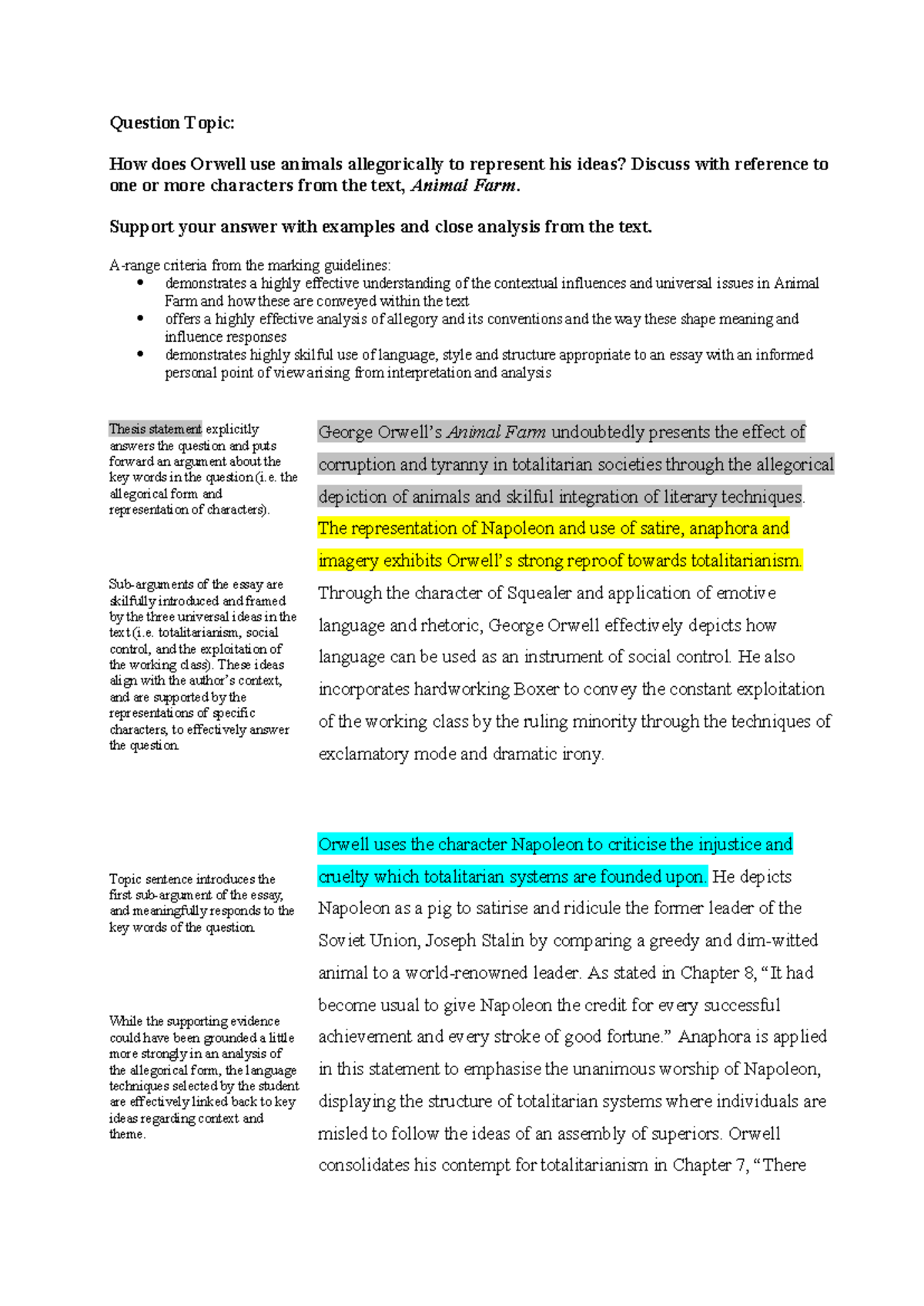 Year 9 Animal Farm Essay Exemplar (2021) - Analysis of Allegory in ...