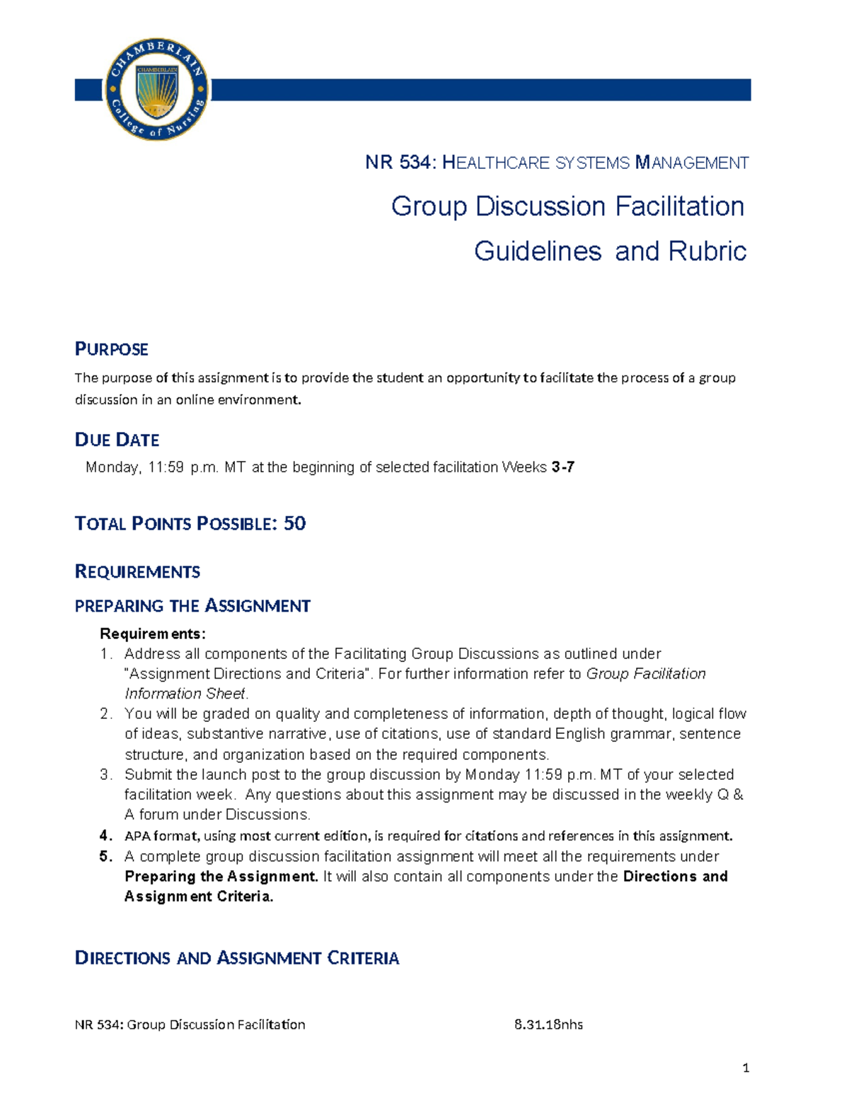 NR 534: Group Discussion Facilitation Guidelines & Grading Rubric - Studocu