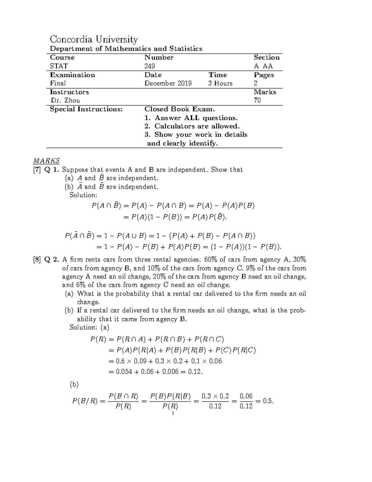 Stat249 Final Exam Solutions December 2019 - Studocu