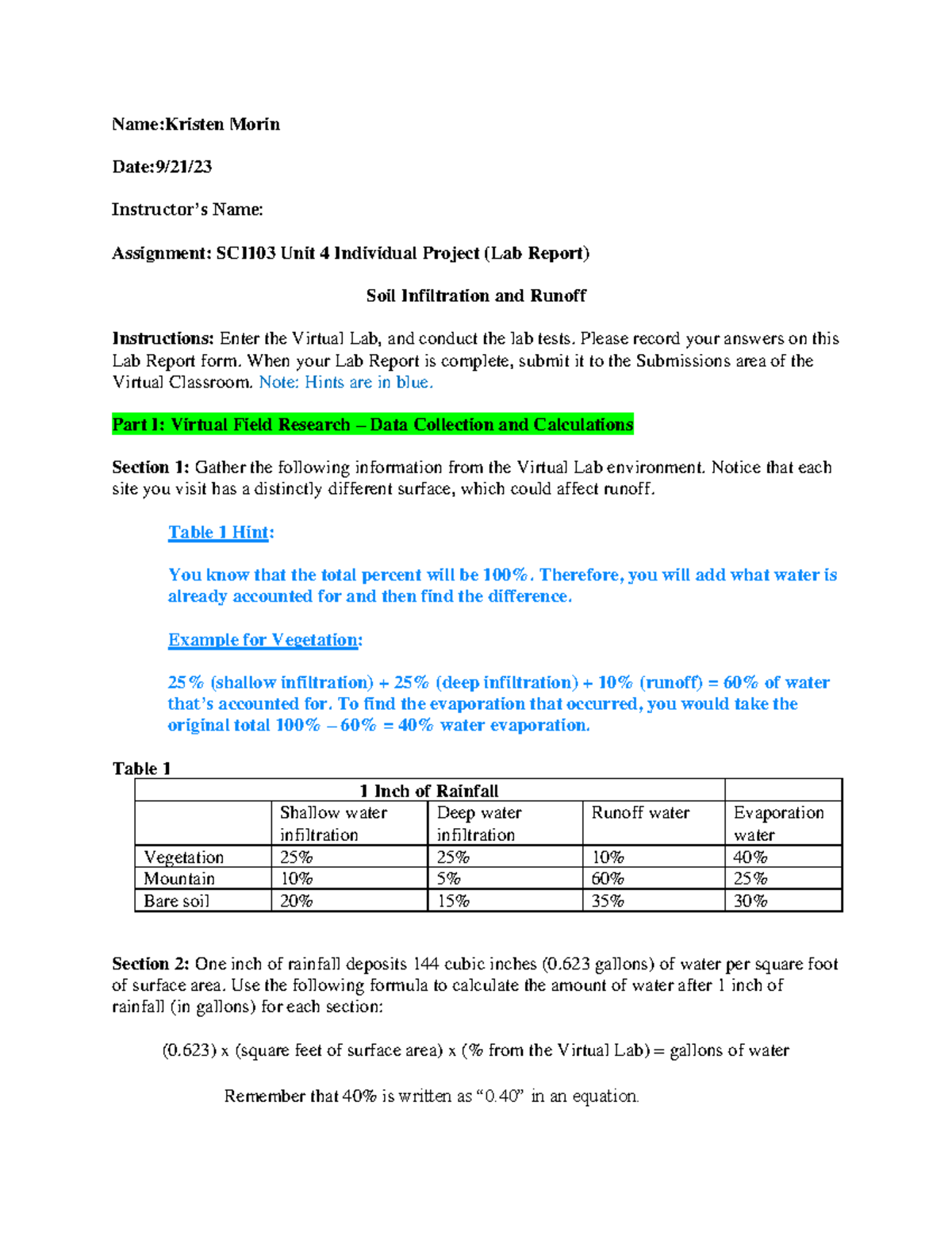 SCI103 Unit 4 Lab Report: Soil Infiltration & Runoff Analysis - Studocu