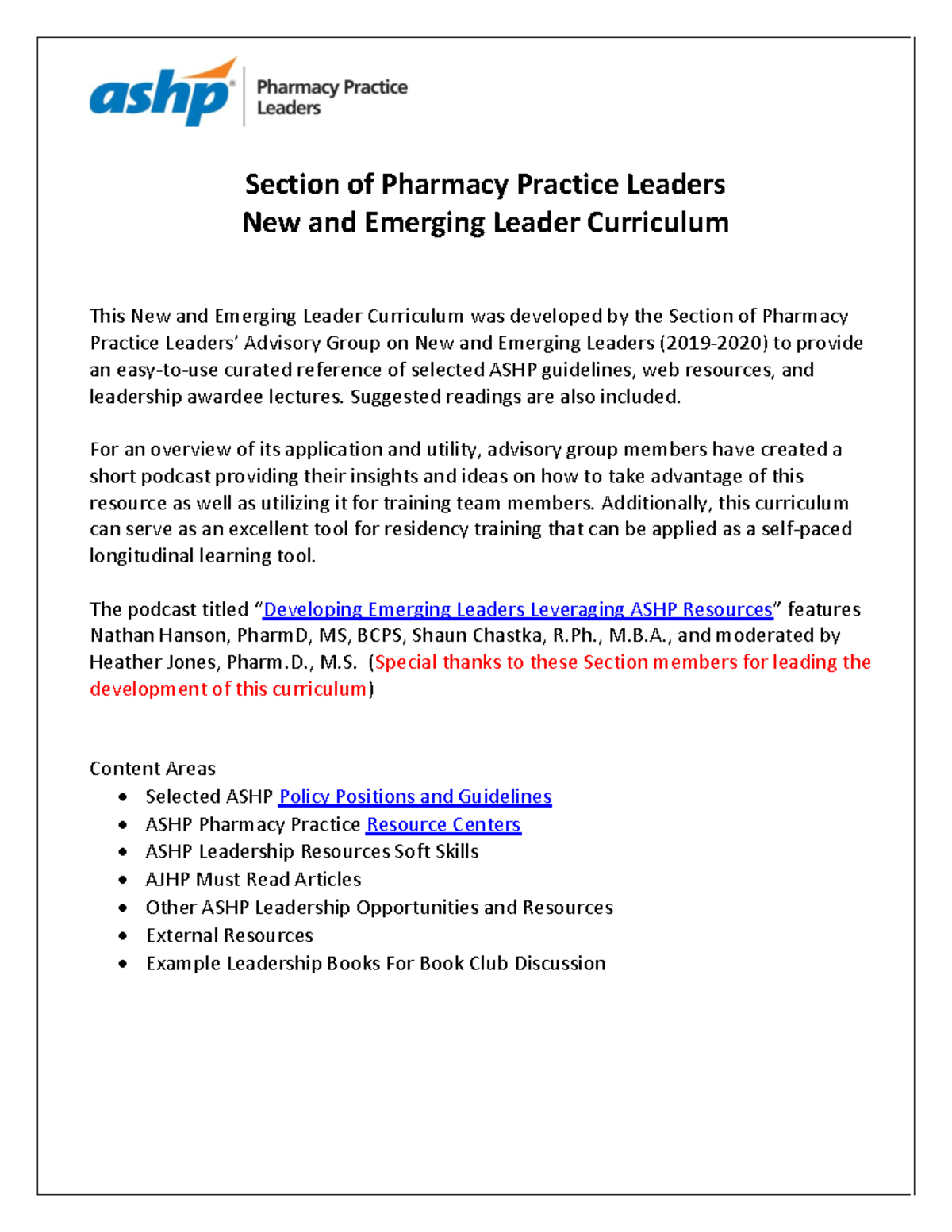 ASHP New & Emerging Leader Curriculum Overview and Resources - Studocu