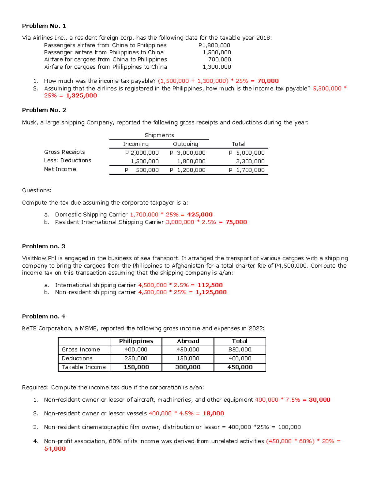 Taxation Seatwork Problems: Income Tax Calculations and Scenarios - Studocu