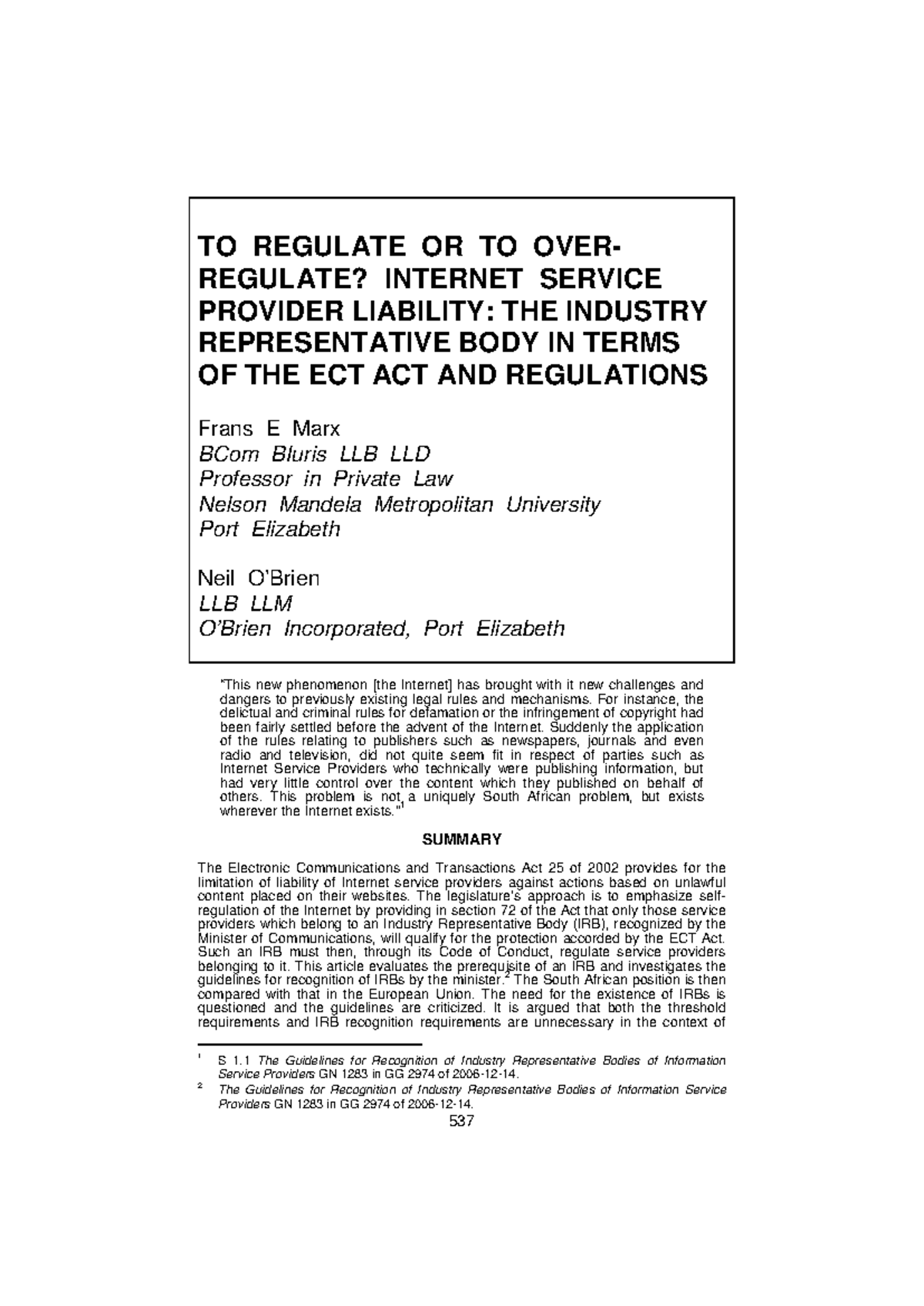 Regulating ISP Liability: Insights from the ECT Act by M. & F. E. Marx ...