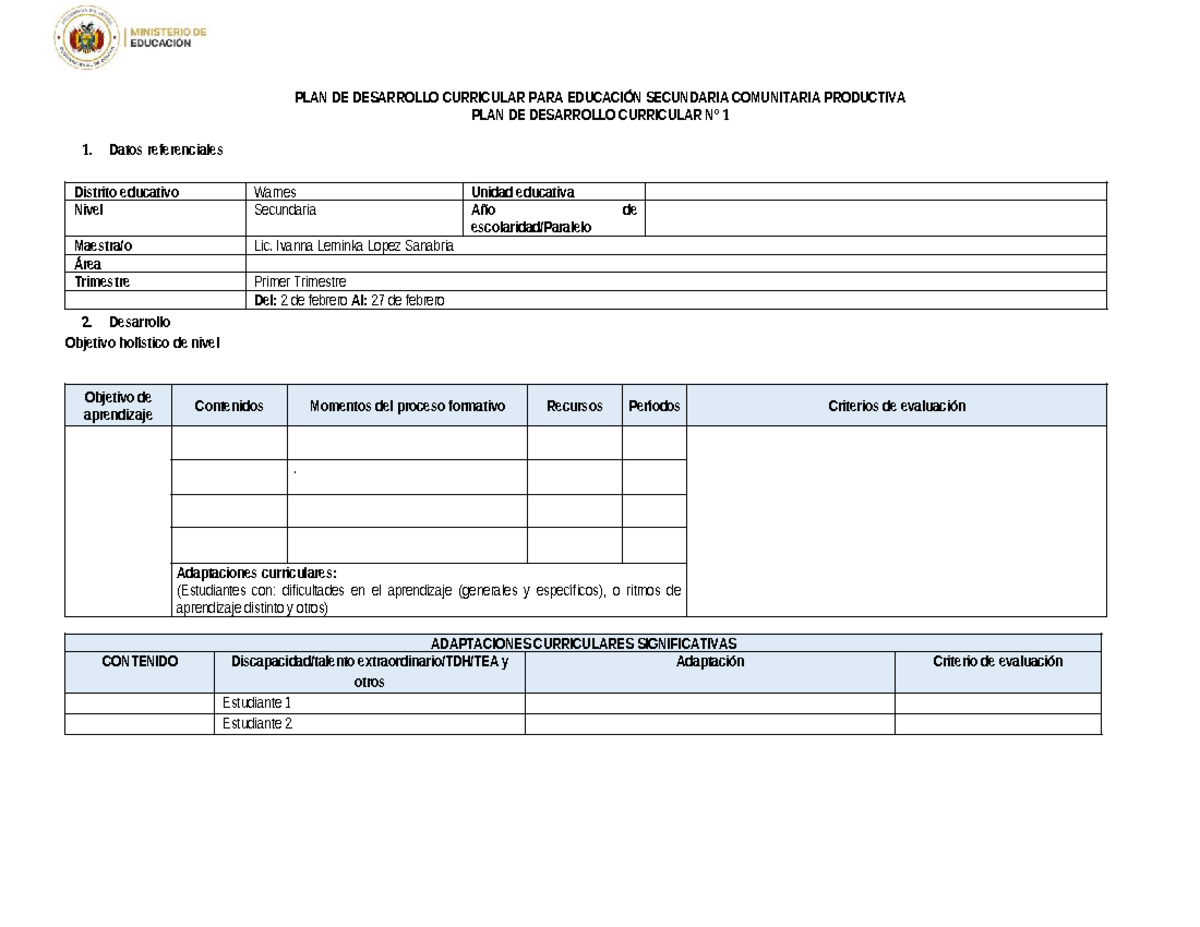 Plantilla PDC - PLAN DE DESARROLLO CURRICULAR PARA EDUCACIÓN SECUNDARIA ...