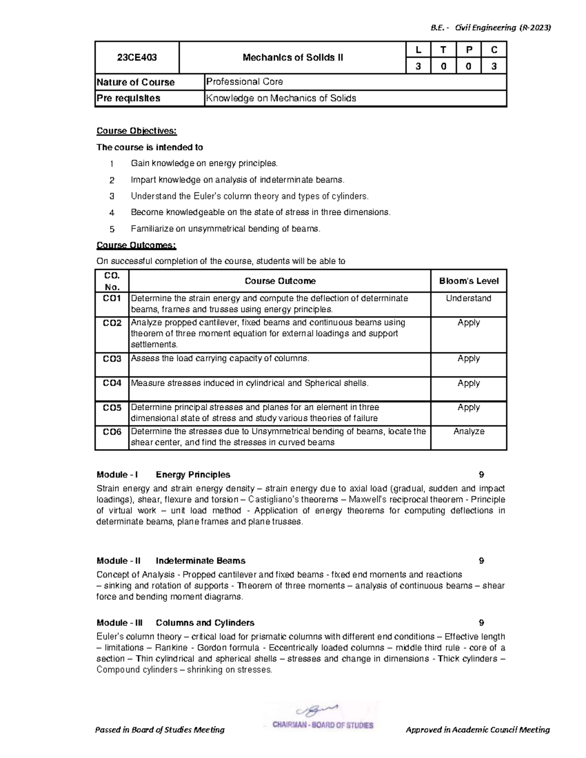 23CE403 Mechanics of Solids II Syllabus Overview - Studocu
