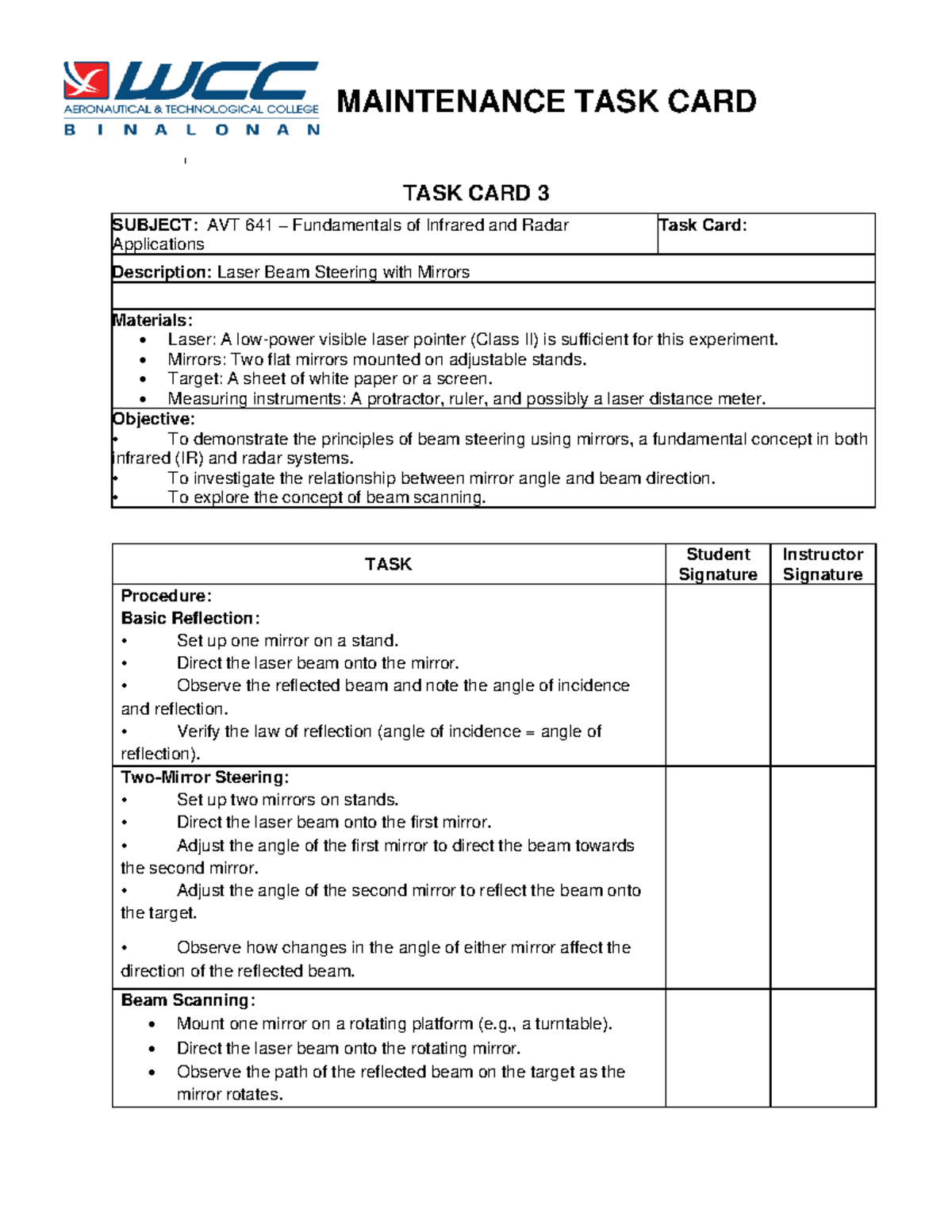 Task-3 - Aeronautical engineering experiment - MAINTENANCE TASK CARD ...
