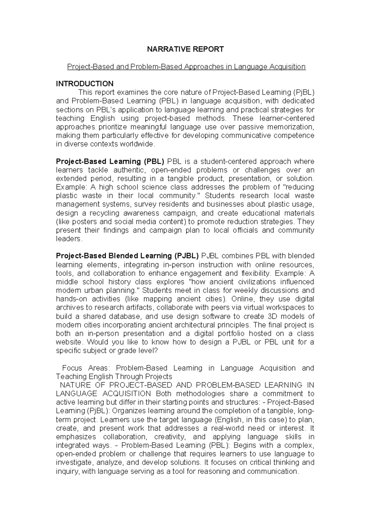 Narrative Report on PBL and PJBL in Language Acquisition - Studocu