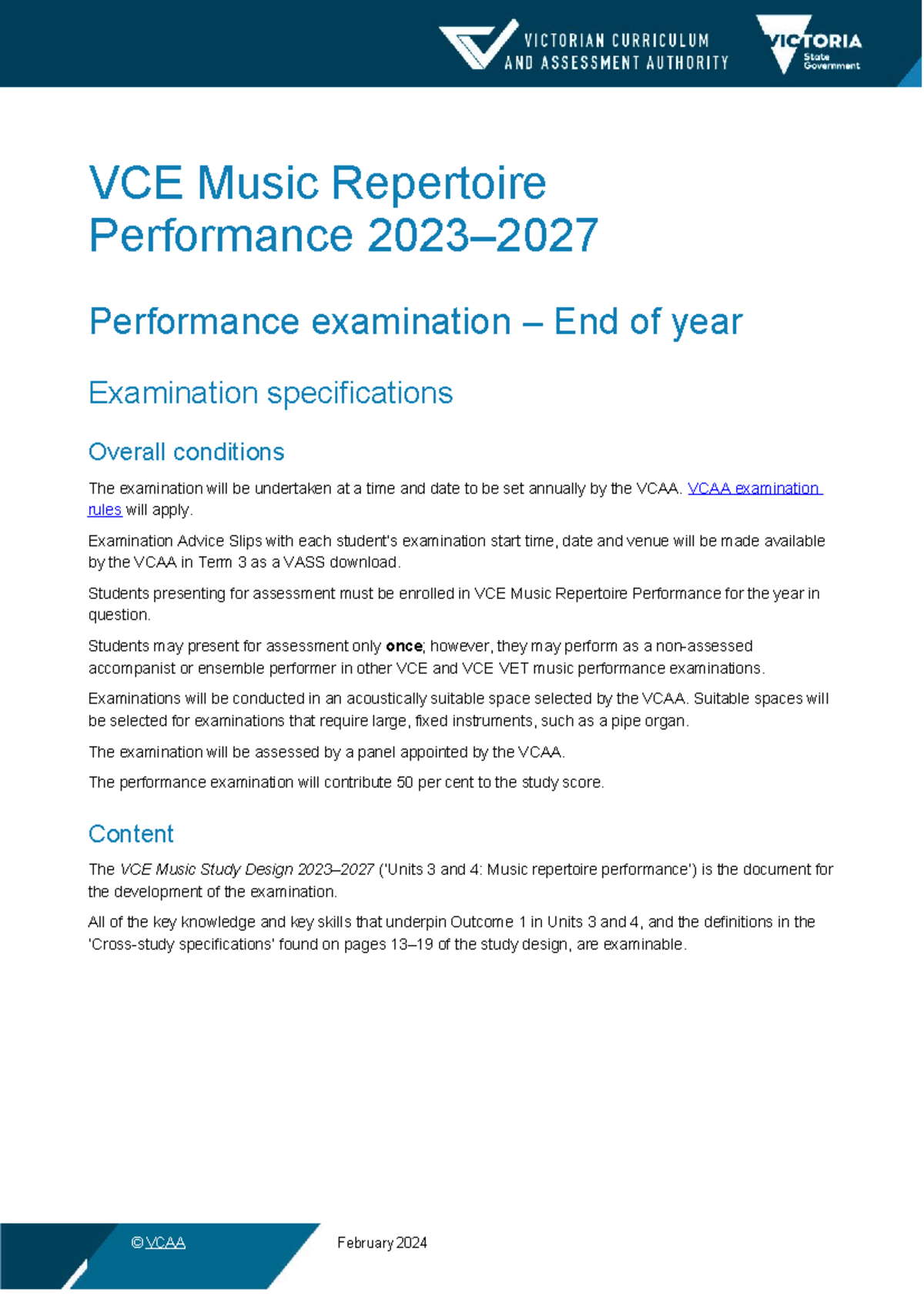 VCE Music Repertoire Performance Exam Specifications - February 2024 ...