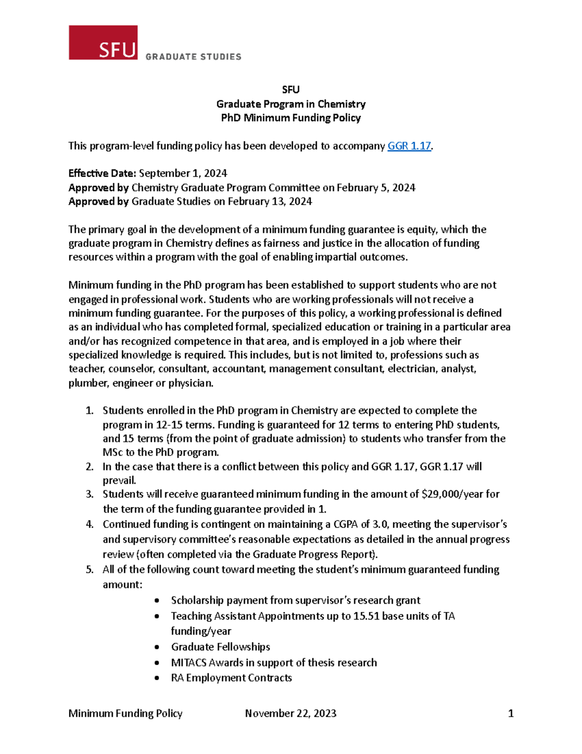 SFU Chemistry PhD Minimum Funding Policy Overview - Studocu