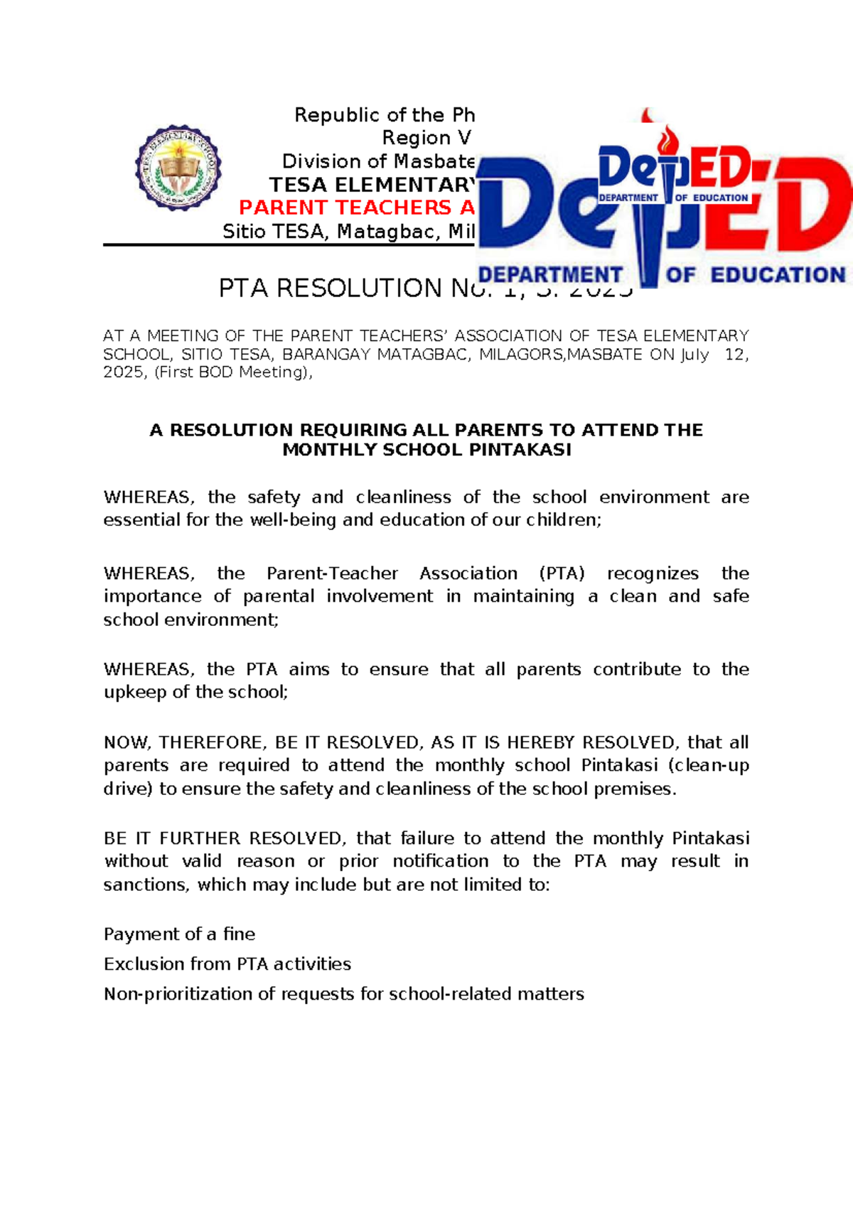 PTA Resolutions for TESA & Francisco Oringo Sr. Elementary Schools ...
