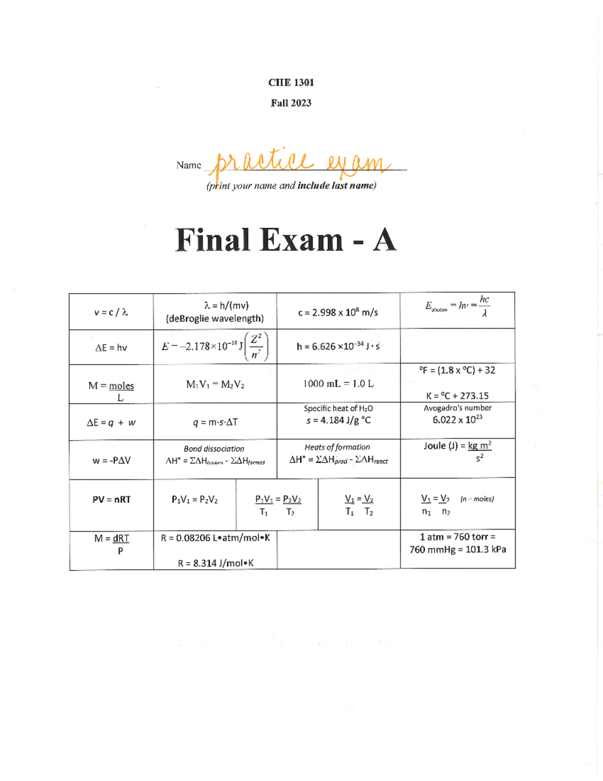 Review for Final Answered - CHE 1301 Fall 2023 Name practice exam ...