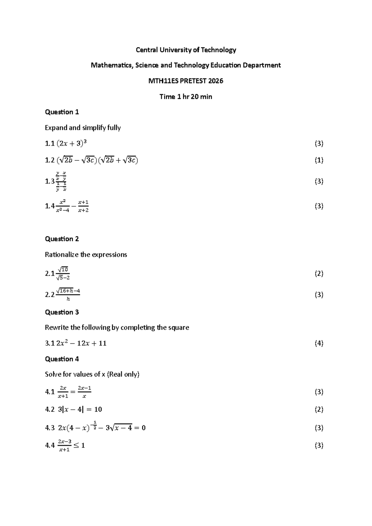 MTH11ES Pretest 2026 - Mathematics Questions and Solutions - Studocu