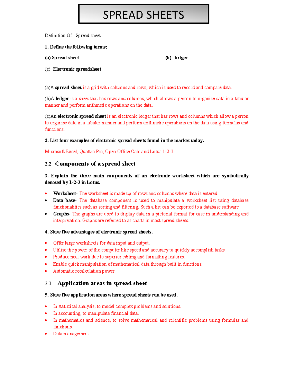 SPREAD SHEETS: Comprehensive Study Notes and Definitions - Studocu