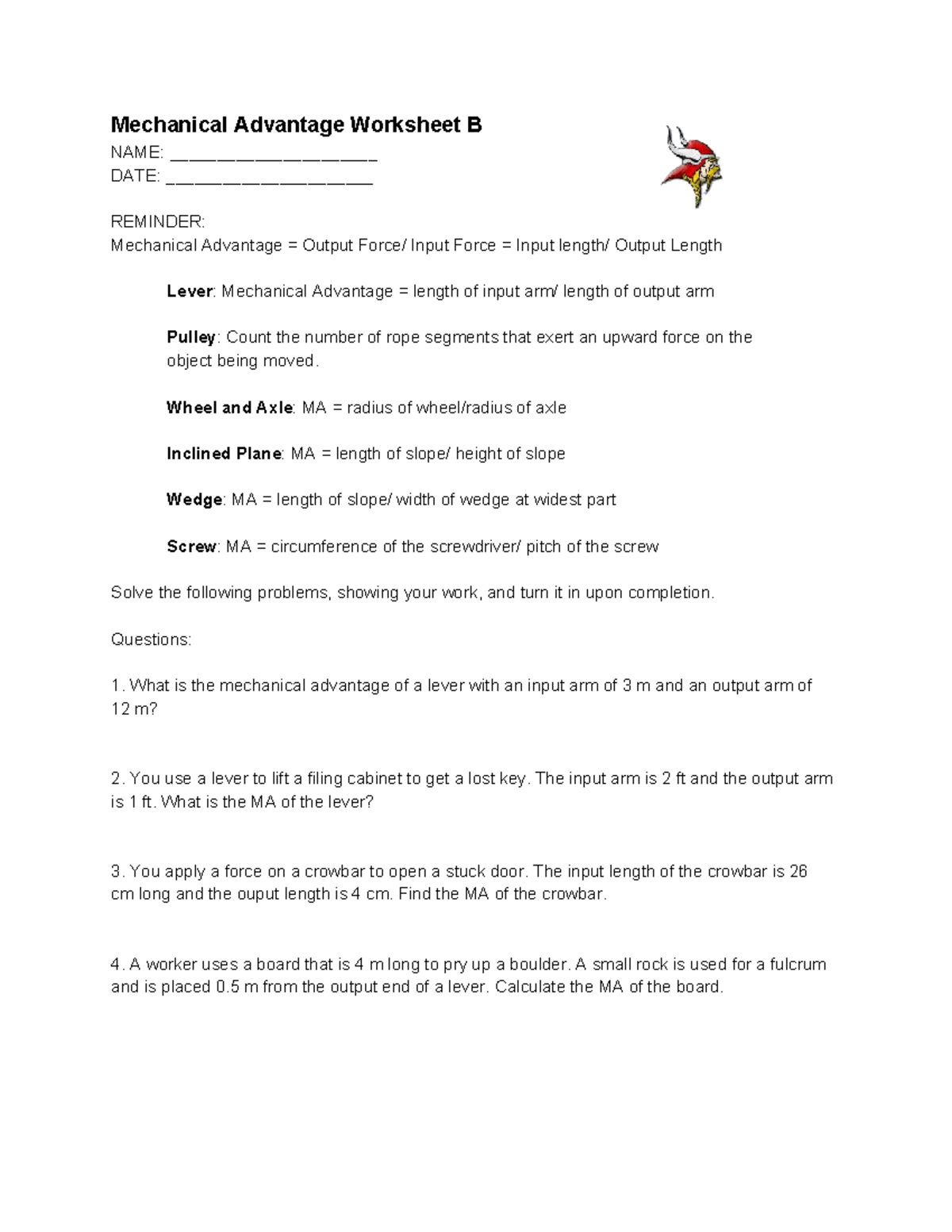 Mechanical Advantage Worksheet B: IMA, AMA, Efficiency Practice - Studocu
