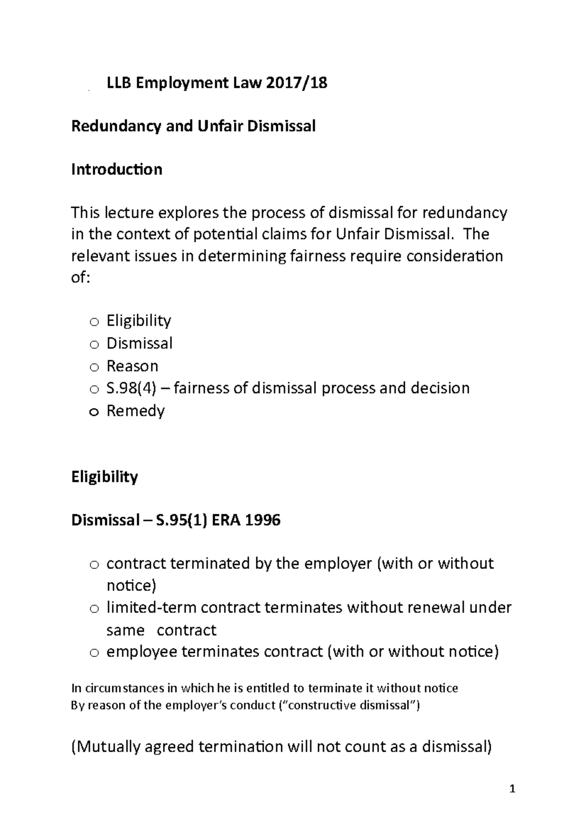 Redundancy and unfair dismissal handout - LLB Employment Law 2017 ...