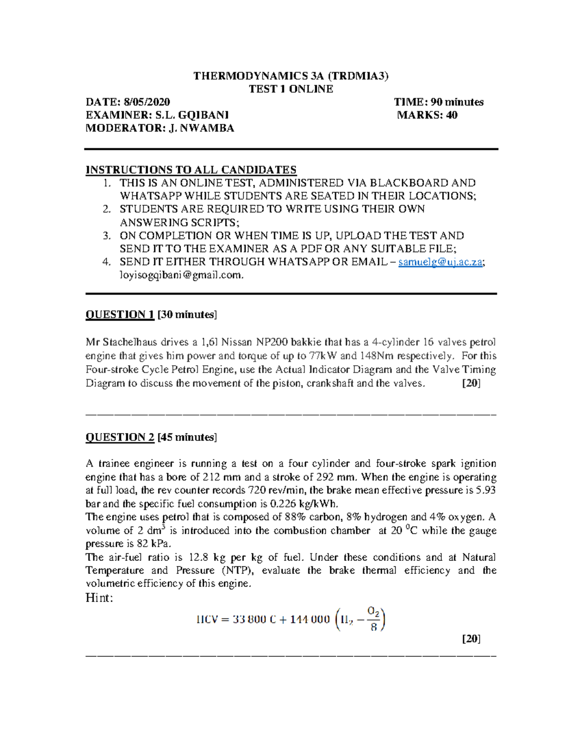 THERMODYNAMICS 3A (TRDMIA3) TEST 1: ONLINE EXAM DETAILS & QUESTIONS ...